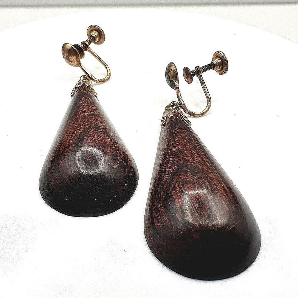 Vintage 90s Wooden Teardrop Dangle Earrings Gold Tone Women's Classic Jewelry